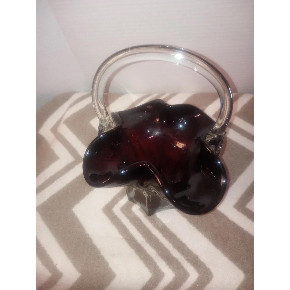 Dark Ruby Red Murano Style Hand‎ Blown Glass Ruffled Basket Vtg